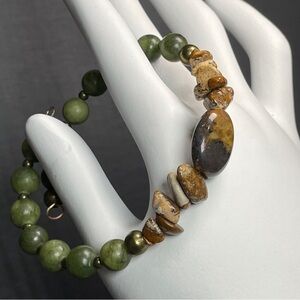 Artisan Picture Jasper With Agate And Green Jade Bangle Bracelet Cuff